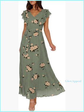 V Neck Ruffle Sleeve Floral Maxi Dress Empire Waist Boho Wedding Guest